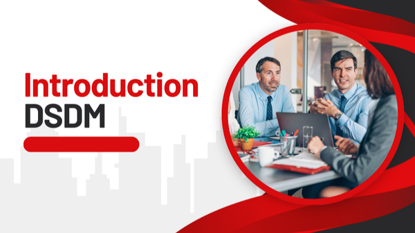 A professional corporate graphic introducing DSDM, showing business professionals collaborating around a laptop, symbolizing Agile project management, teamwork, and structured delivery.